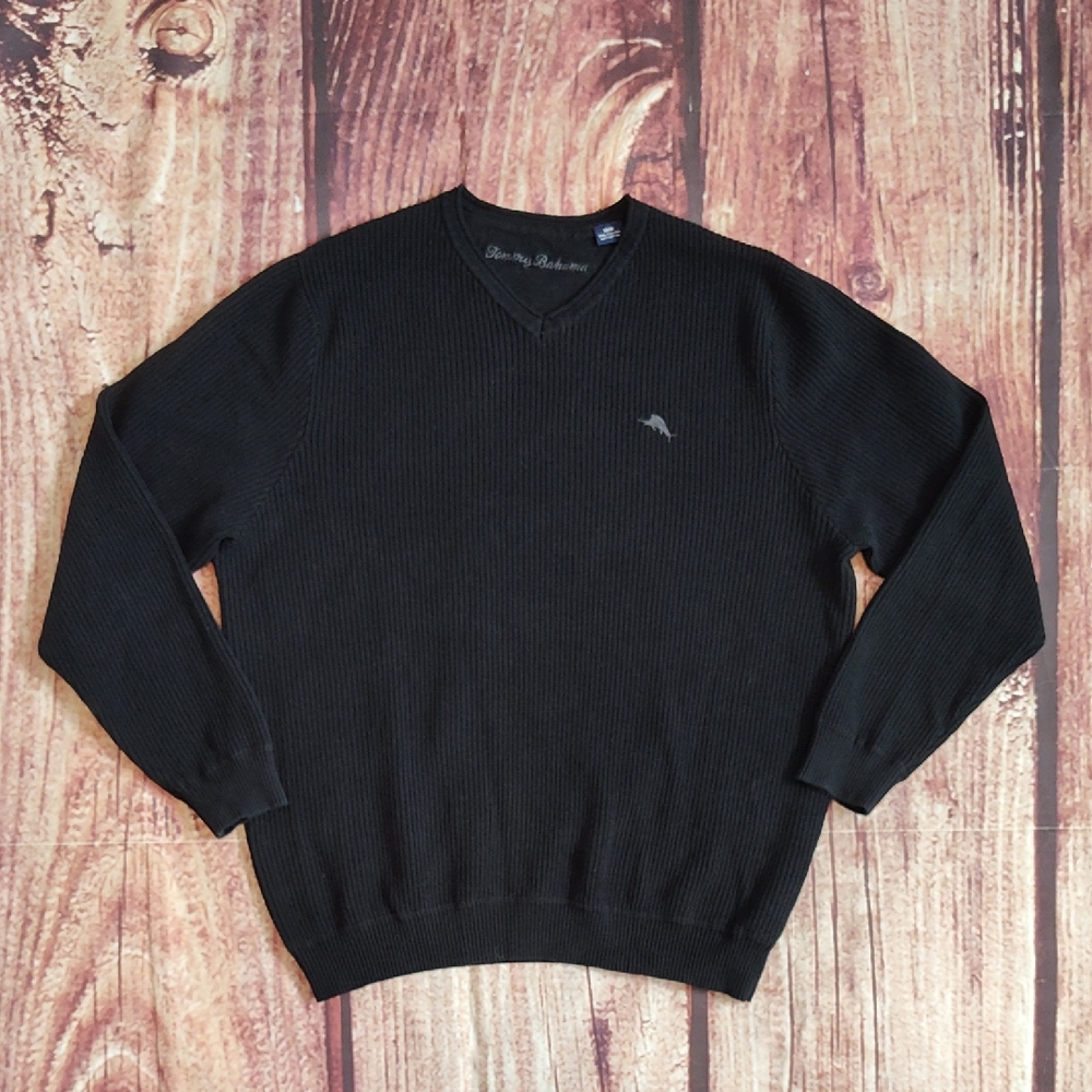 Tommy Bahama Mens Solid Black V Neck Knit Sweater Excellent Condition